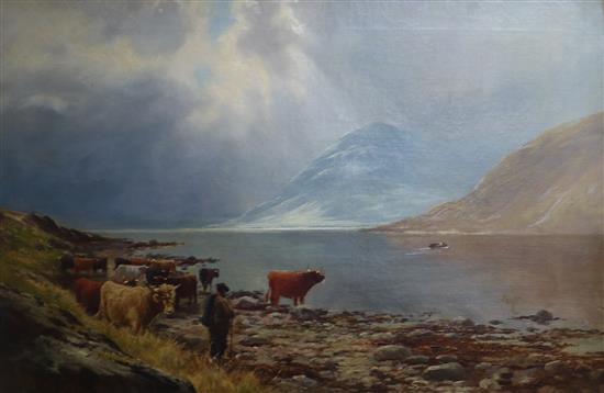 Henry Hadfield Cubley (1858-1934) Highland landscape with cattle and figures by a loch 50 x 77cm